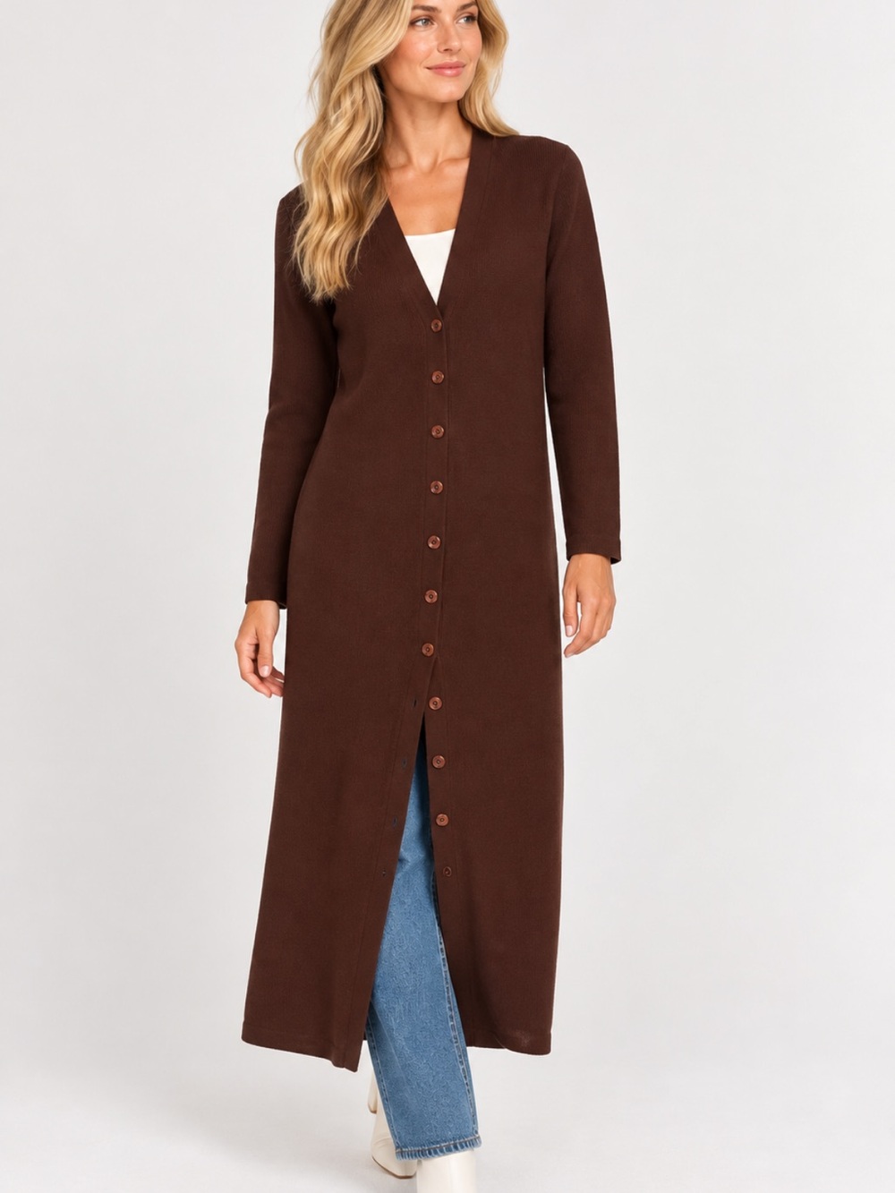 Vintage Express Tricot Longline Brown Button Front Cardigan Duster Size L
